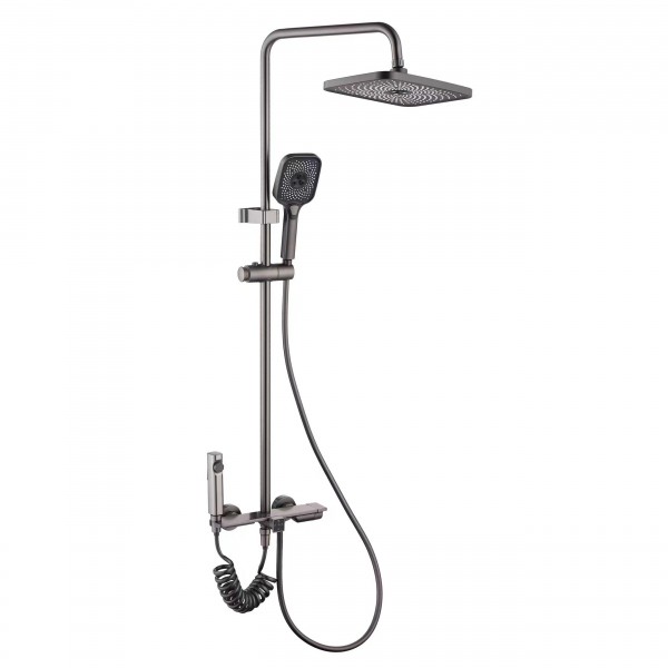 太陽(yáng)雨花灑/精銅槍灰/四出水大淋浴/超長(zhǎng)大平面置物/9寸方頂噴/PVC軟管/三功能自潔手持/獨(dú)立噴槍/LD1021